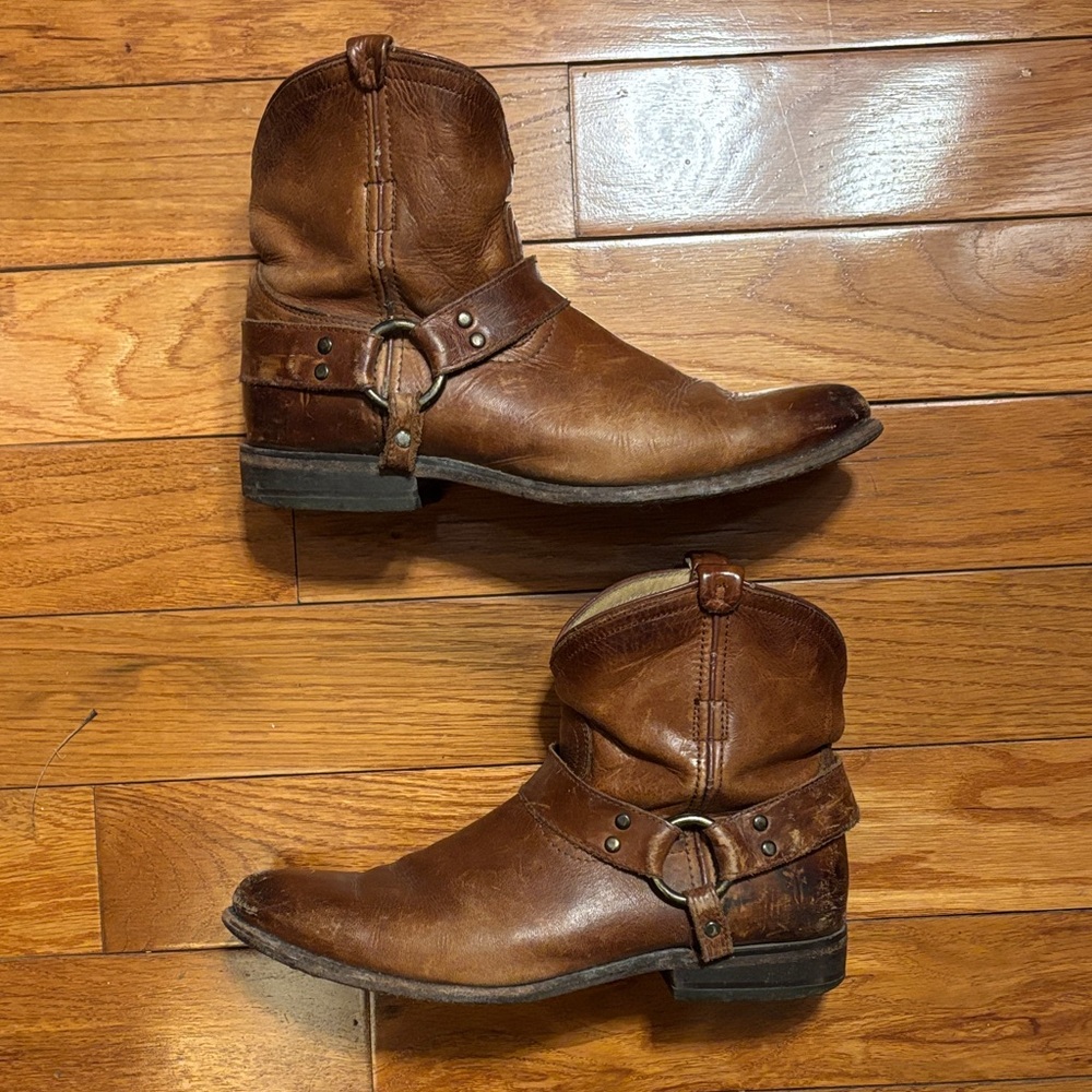 Frye Brown Leather Harness Ankle Booties
